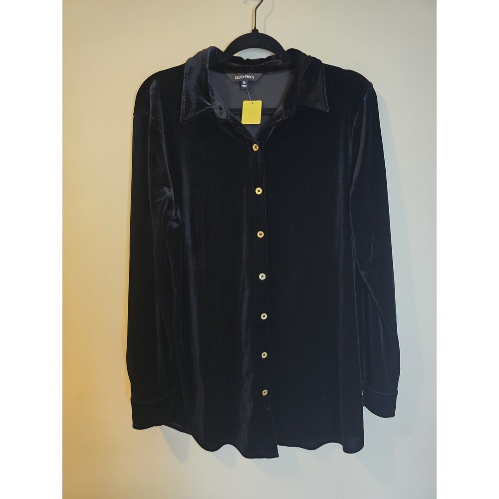 Ellen Tracy Black Velvet Button Down Shirt Women's M Long Sleeve Gold Buttons